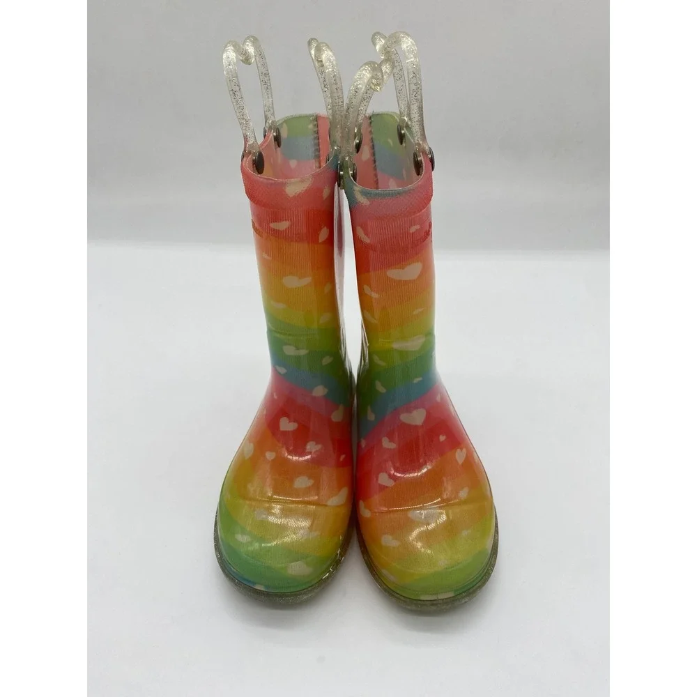 Western Chief Kids Heart Waves Lighted Rainbow Rain Boots Glitter Handles Size 9